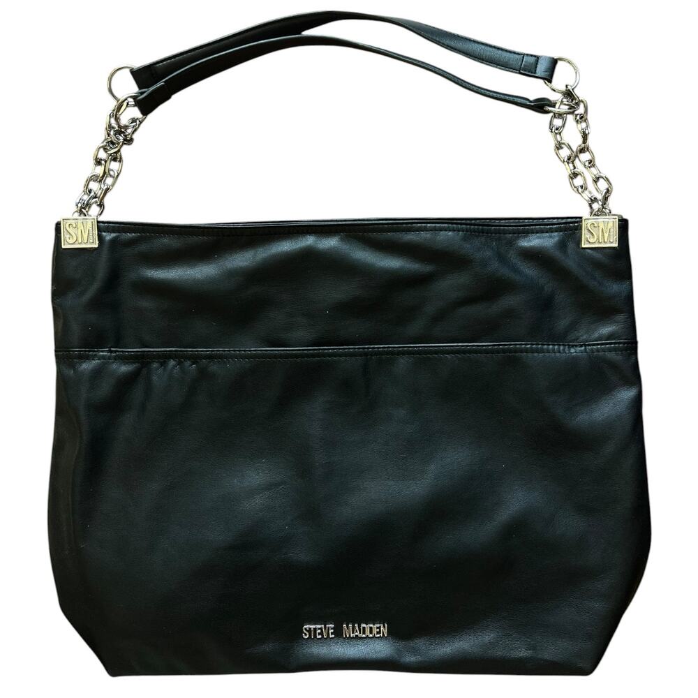 Steve Madden BSHARON Black Oversized Logo Chain Tote Shoulder Bag - Picture 2 of 8